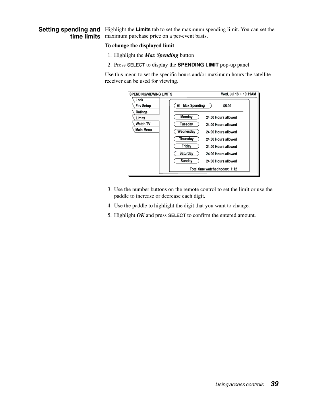 DirecTV HAH-SA manual Setting spending and time limits, To change the displayed limit 