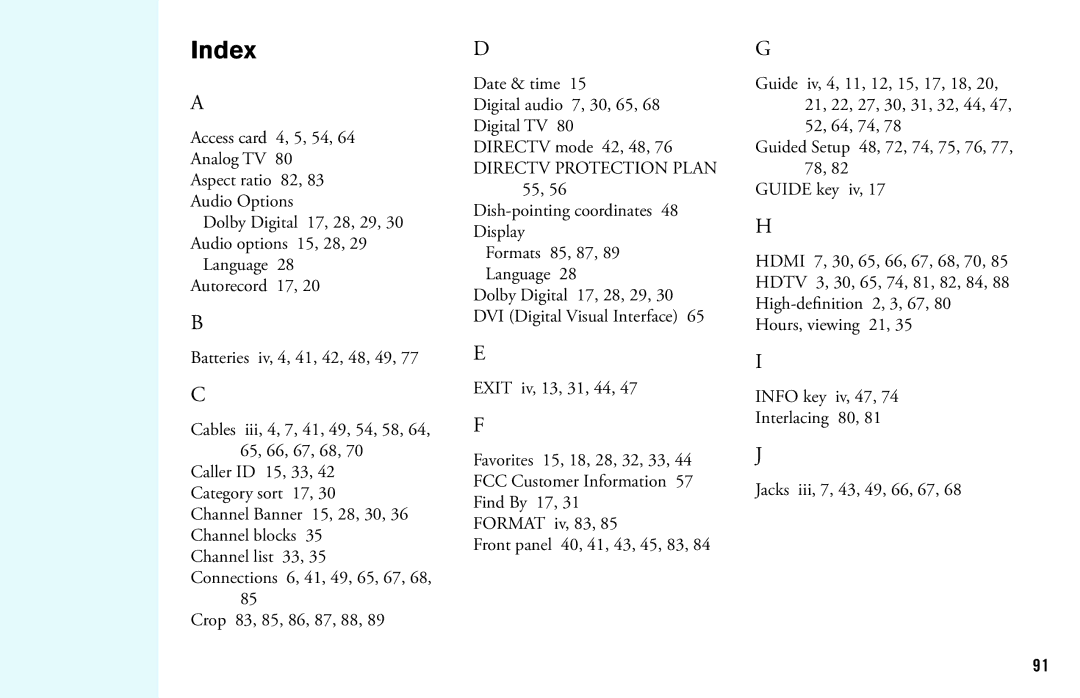 DirecTV HD DVR manual Index, Directv Protection Plan 55 