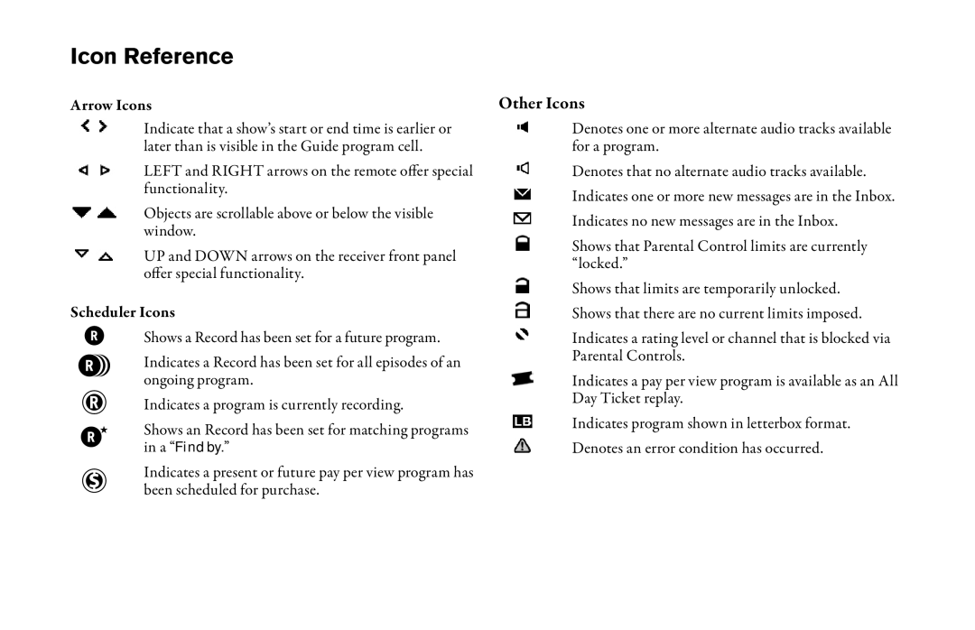 DirecTV HD DVR manual Icon Reference, Arrow Icons, Scheduler Icons 