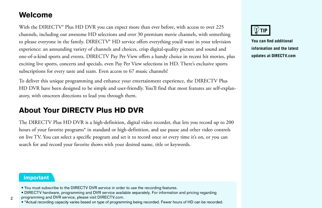 DirecTV manual Welcome, About Your Directv Plus HD DVR 