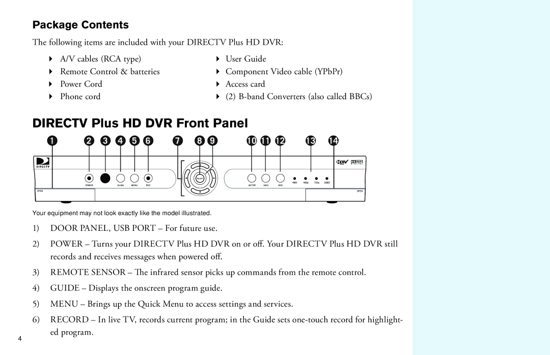 DirecTV manual Directv Plus HD DVR Front Panel, Package Contents 