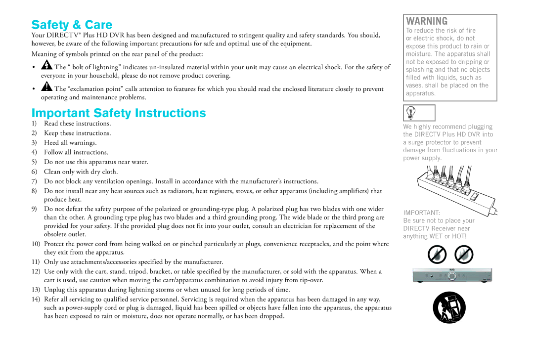 DirecTV HD DVR manual Safety & Care 