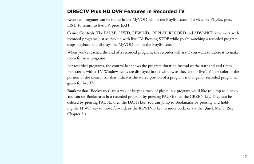 DirecTV manual Directv Plus HD DVR Features in Recorded TV 