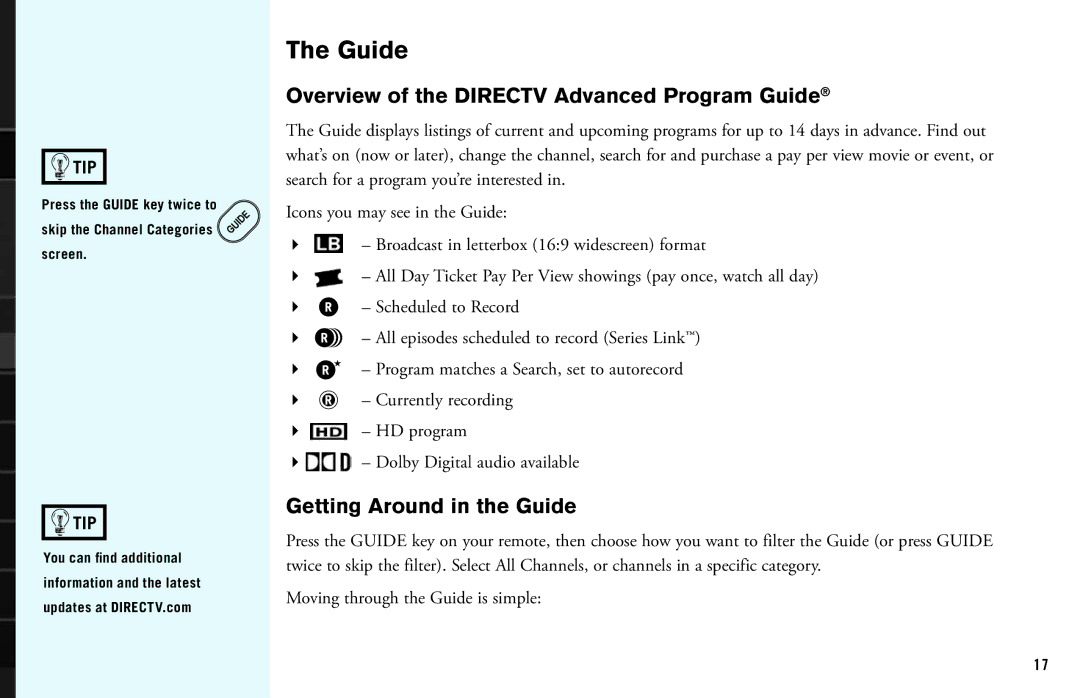 DirecTV HD DVR manual Overview of the Directv Advanced Program Guide, Getting Around in the Guide 