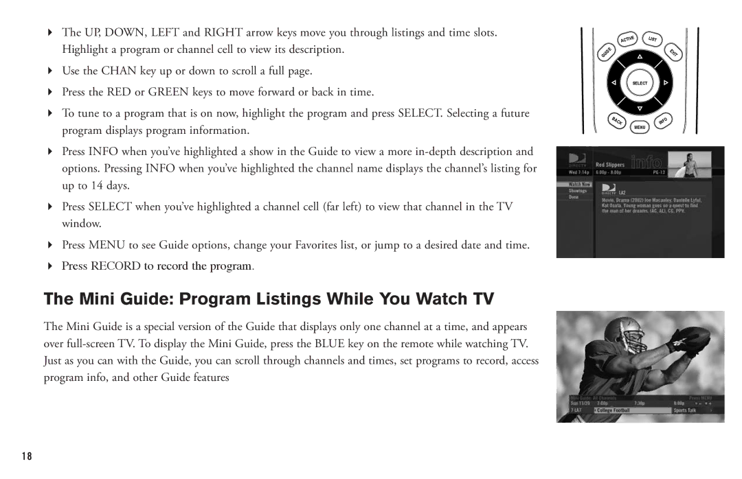 DirecTV HD DVR manual Mini Guide Program Listings While You Watch TV 