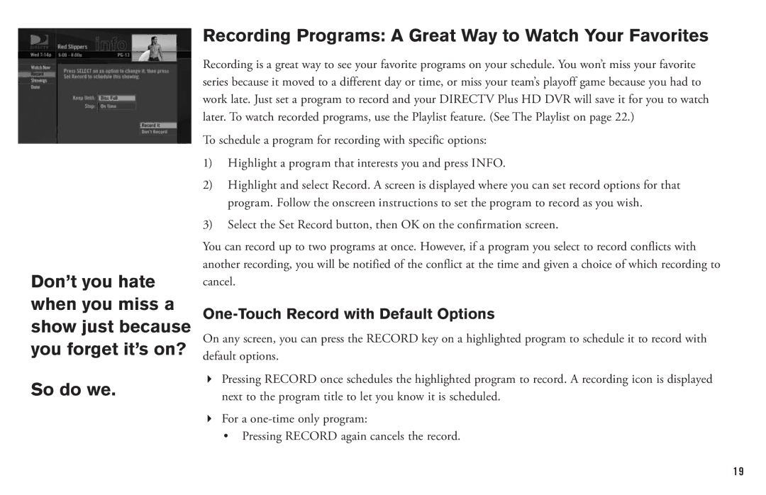 DirecTV HD DVR manual One-Touch Record with Default Options 