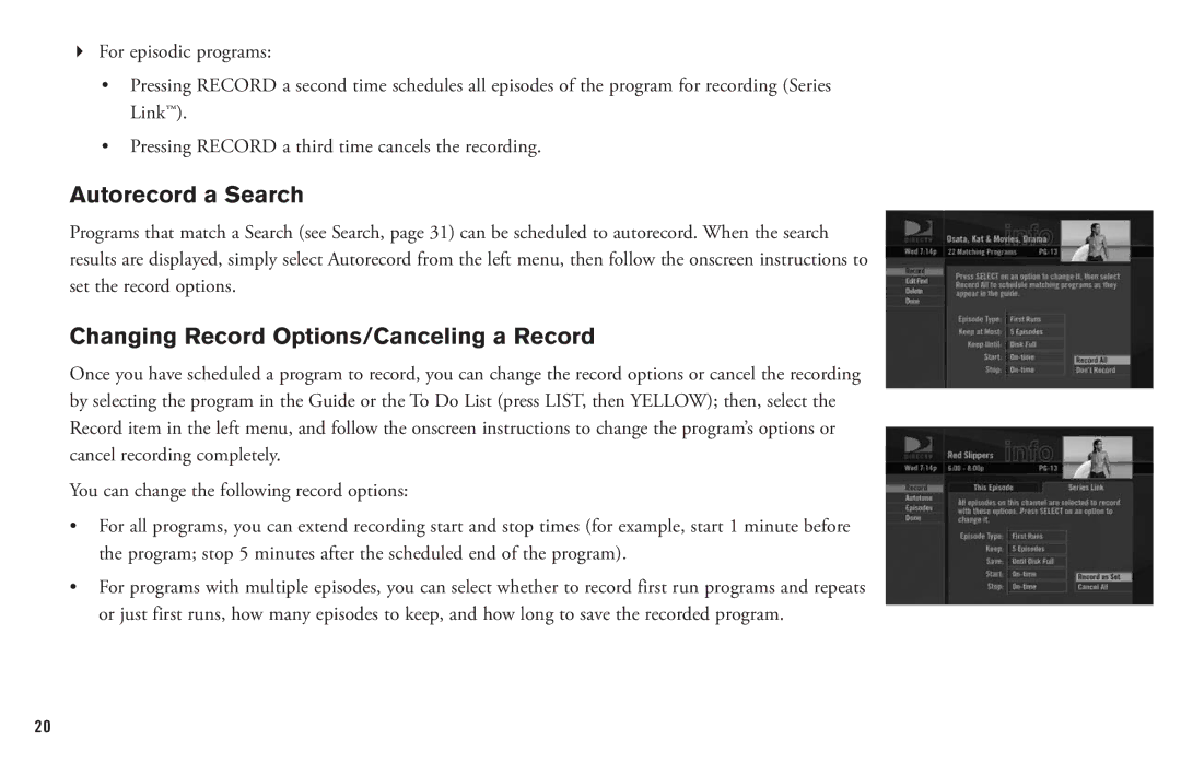 DirecTV HD DVR manual Autorecord a Search, Changing Record Options/Canceling a Record 