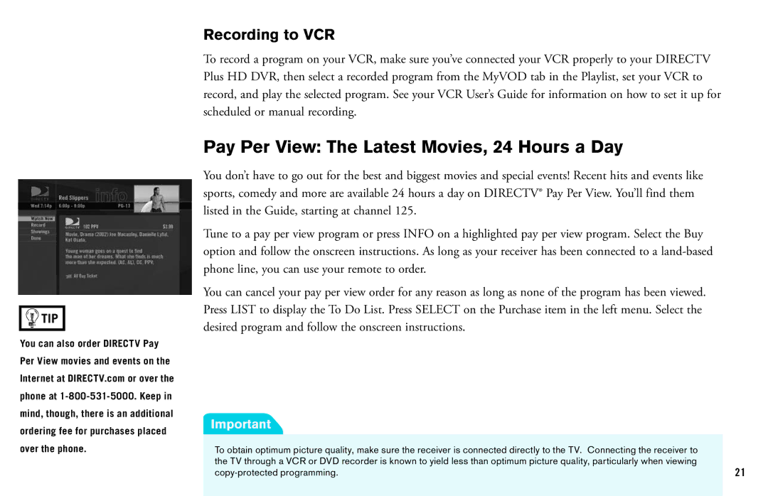 DirecTV HD DVR manual Pay Per View The Latest Movies, 24 Hours a Day, Recording to VCR 