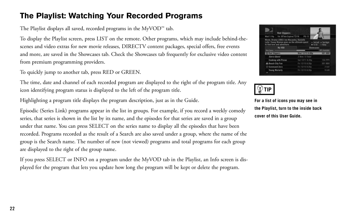 DirecTV HD DVR manual Playlist Watching Your Recorded Programs 