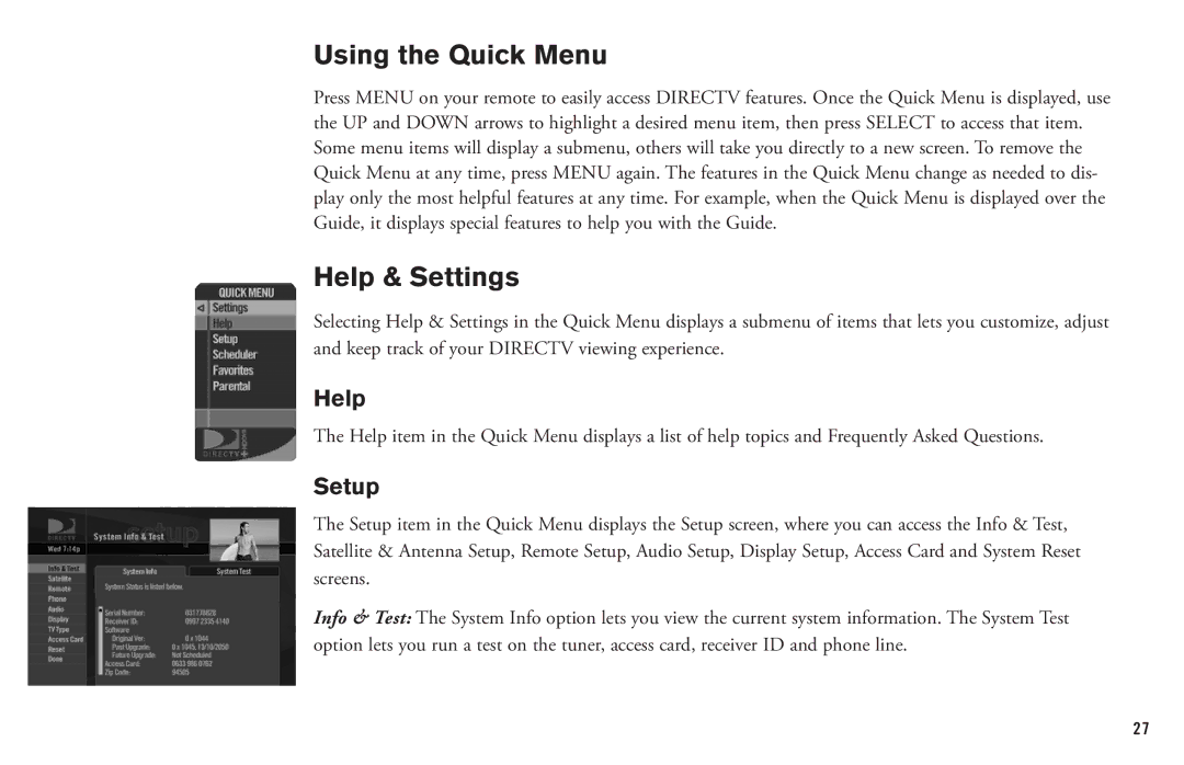 DirecTV HD DVR manual Using the Quick Menu, Help & Settings, Setup 