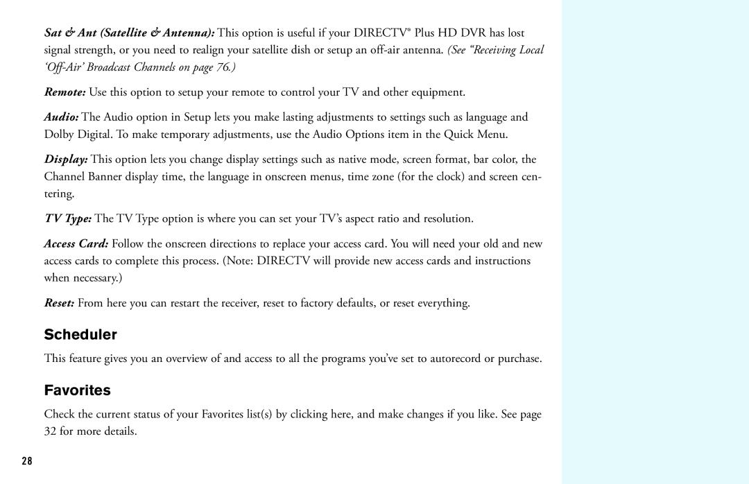DirecTV HD DVR manual Scheduler, Favorites 