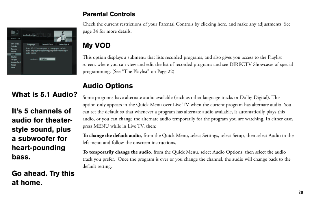 DirecTV HD DVR manual My VOD, Audio Options, Parental Controls 