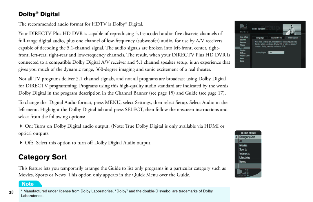 DirecTV HD DVR manual Category Sort, Dolby Digital 