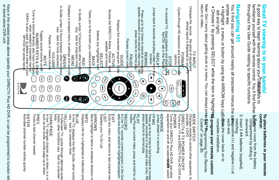 DirecTV HD DVR manual Great TV viewing is in your hands 