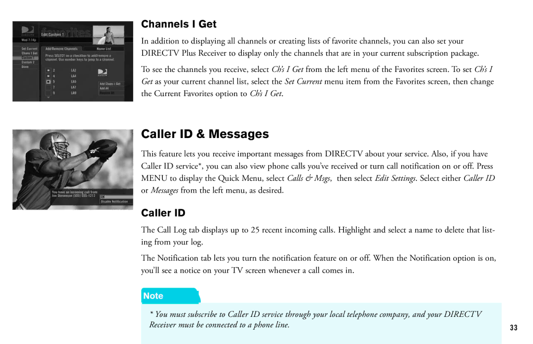 DirecTV HD DVR manual Caller ID & Messages, Channels I Get 