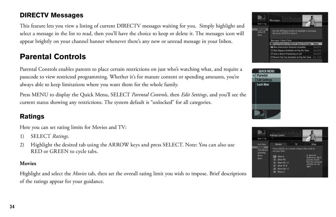 DirecTV HD DVR manual Parental Controls, Directv Messages, Ratings, Movies 