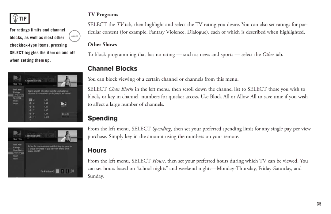 DirecTV HD DVR manual Channel Blocks, Spending, Hours, TV Programs, Other Shows 