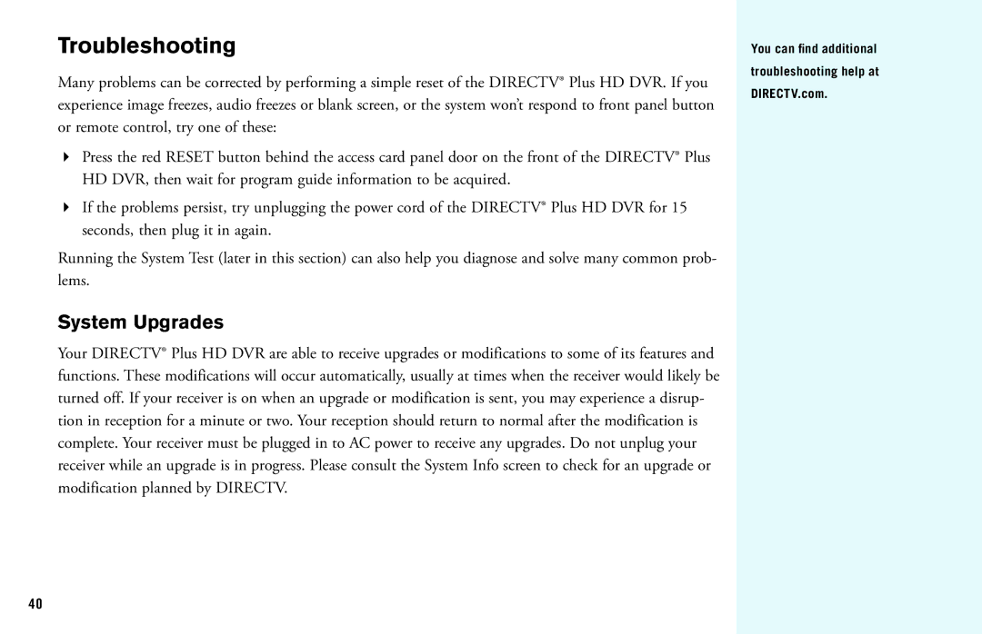 DirecTV HD DVR manual Troubleshooting, System Upgrades 