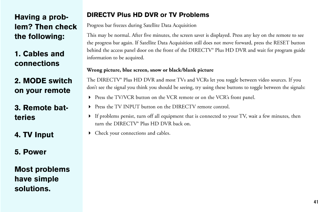 DirecTV manual Directv Plus HD DVR or TV Problems, Wrong picture, blue screen, snow or black/blank picture 