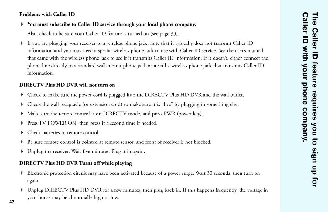 DirecTV manual Caller ID, Sign up for, Directv Plus HD DVR will not turn on, Directv Plus HD DVR Turns off while playing 