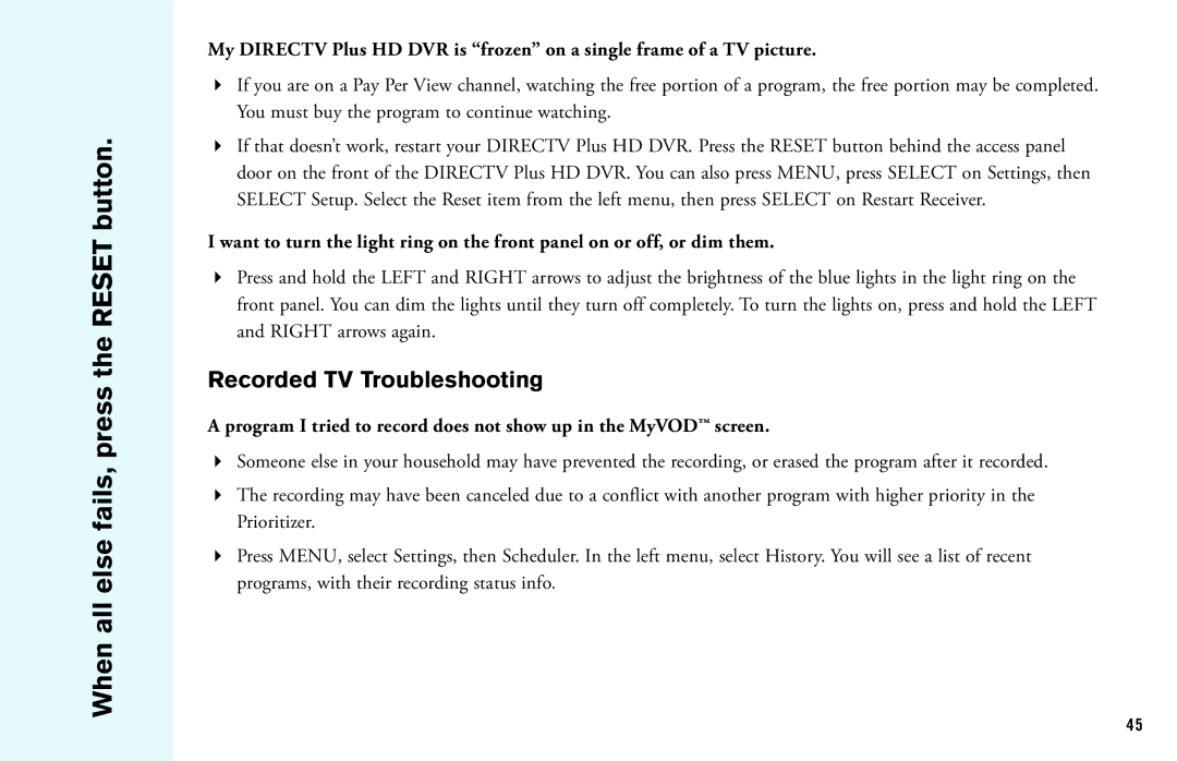 DirecTV HD DVR manual When all else fails, press the Reset button, Recorded TV Troubleshooting 