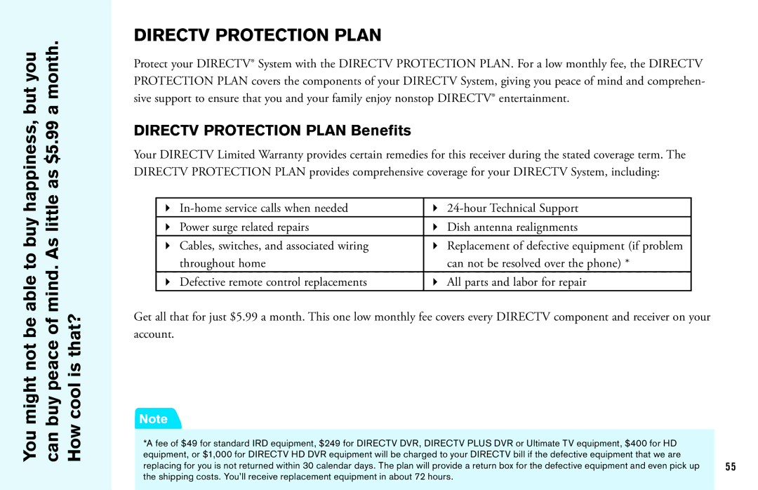 DirecTV HD DVR manual Directv Protection Plan Benefits 