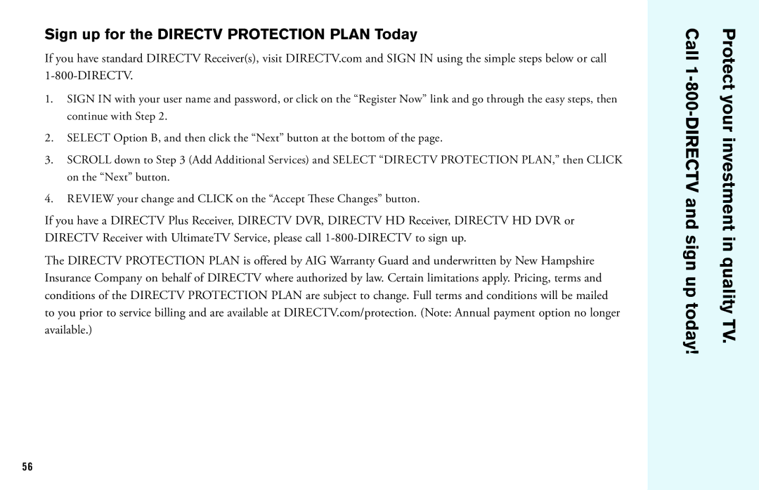 DirecTV HD DVR manual Sign up today Quality TV, Sign up for the Directv Protection Plan Today 