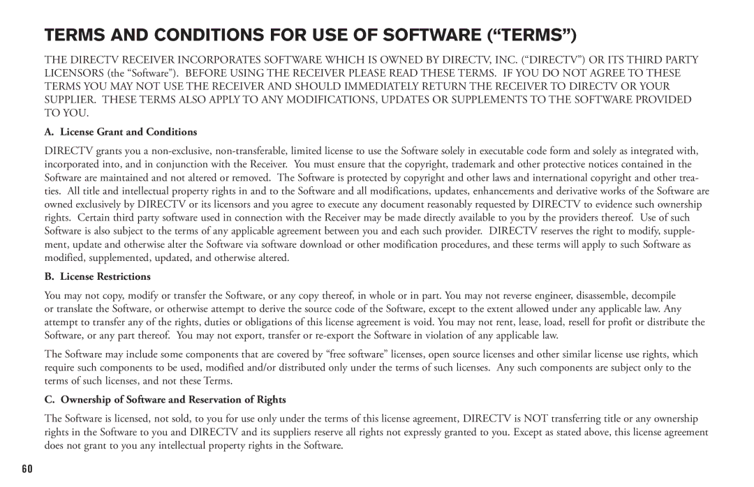 DirecTV HD DVR manual Terms and Conditions for USE of Software Terms 