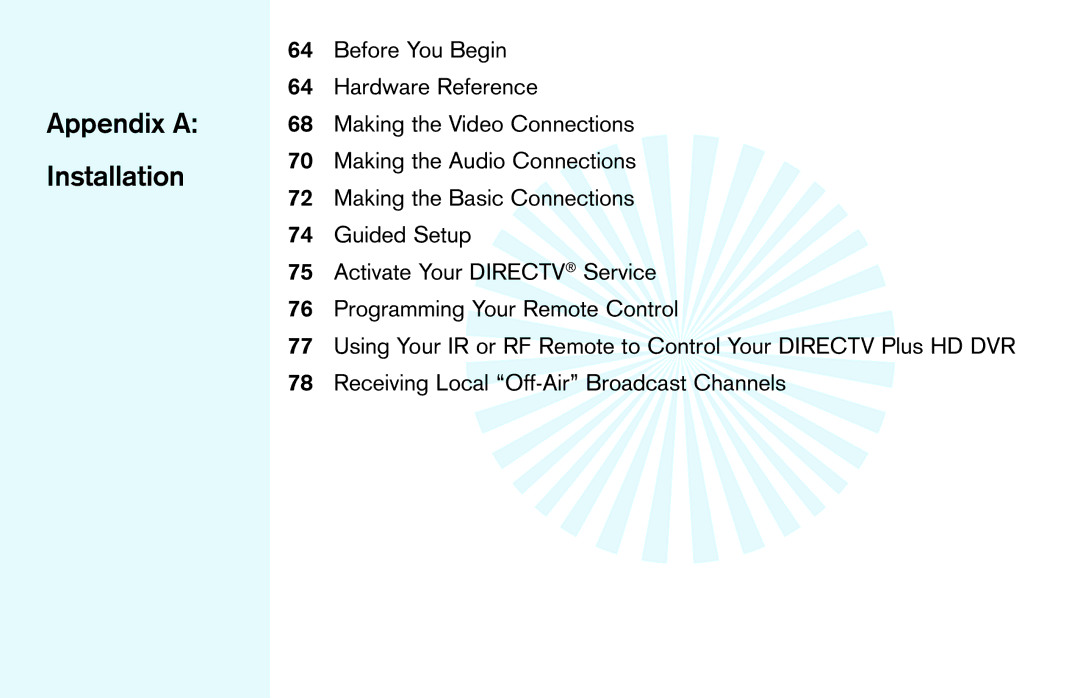 DirecTV HD DVR manual Appendix a Installation 