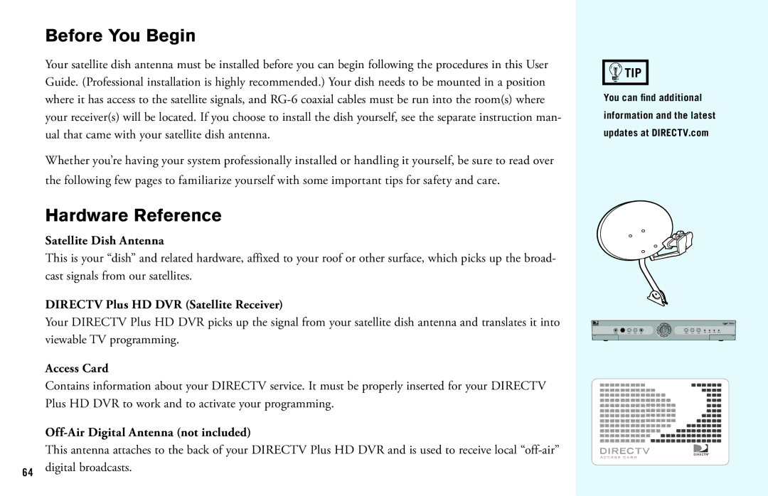 DirecTV HD DVR manual Before You Begin, Hardware Reference 