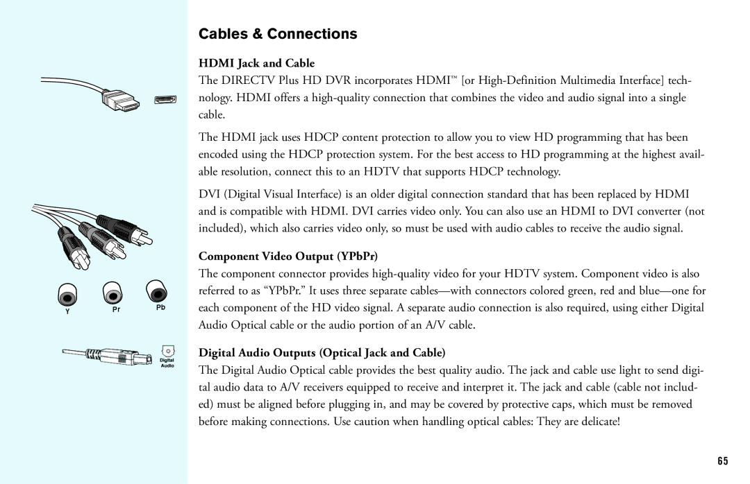 DirecTV HD DVR manual Cables & Connections, Hdmi Jack and Cable, Component Video Output YPbPr 