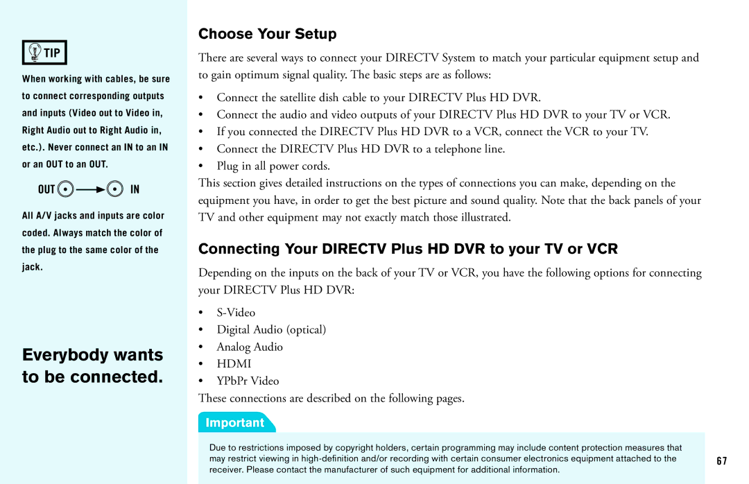 DirecTV manual Choose Your Setup, Connecting Your Directv Plus HD DVR to your TV or VCR 