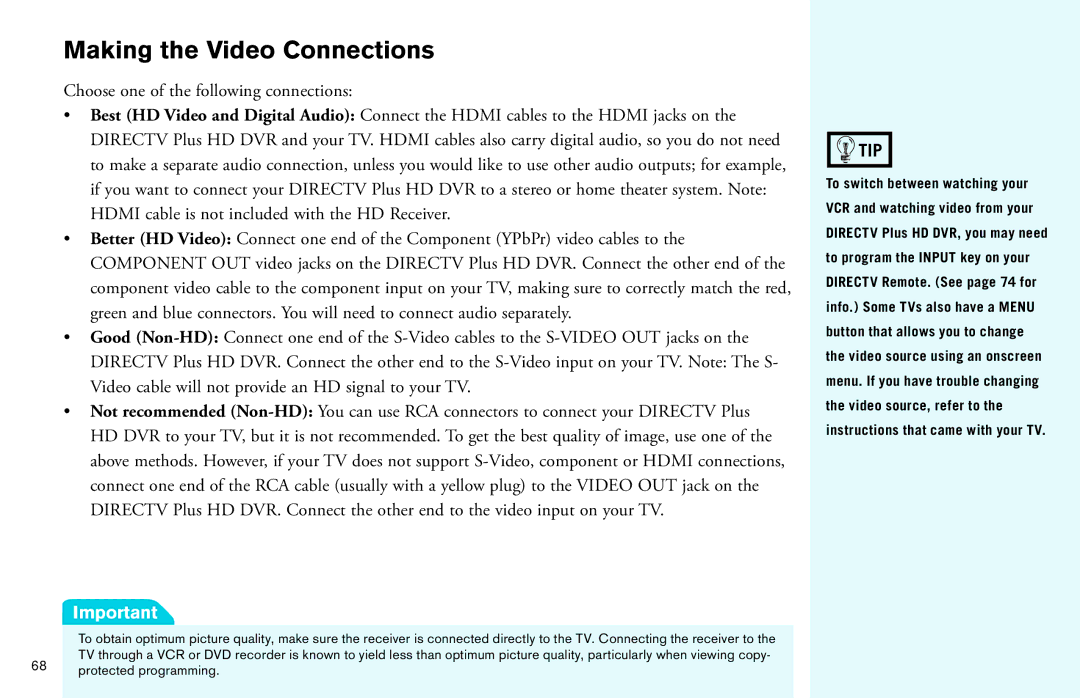 DirecTV HD DVR manual Making the Video Connections 