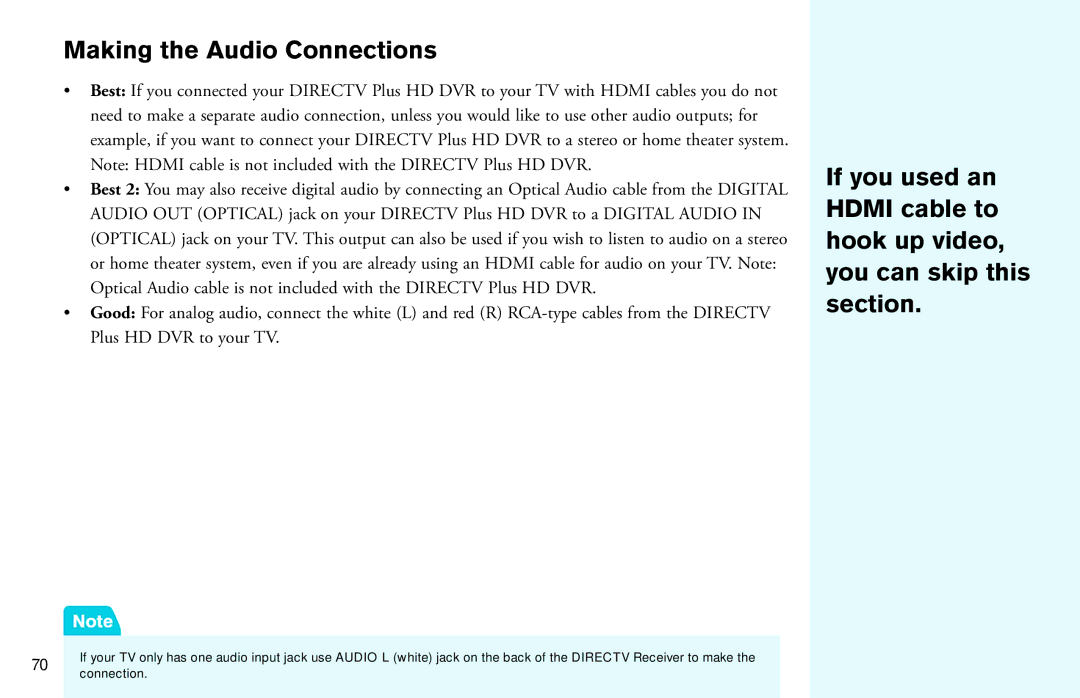 DirecTV HD DVR manual Making the Audio Connections 