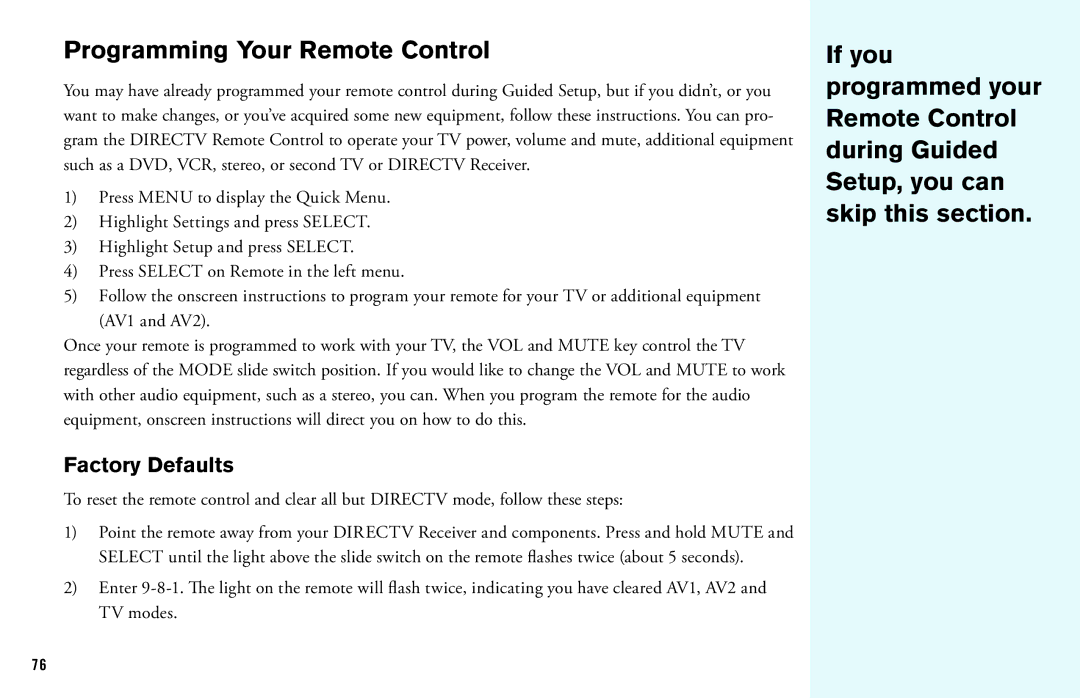 DirecTV HD DVR manual Programming Your Remote Control, Factory Defaults 