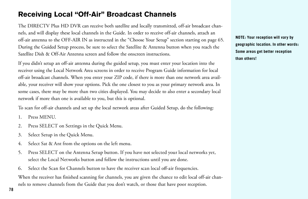 DirecTV HD DVR manual Receiving Local Off-Air Broadcast Channels 