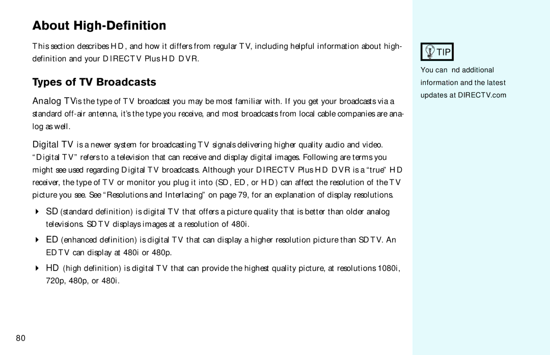 DirecTV HD DVR manual About High-Definition, Types of TV Broadcasts 