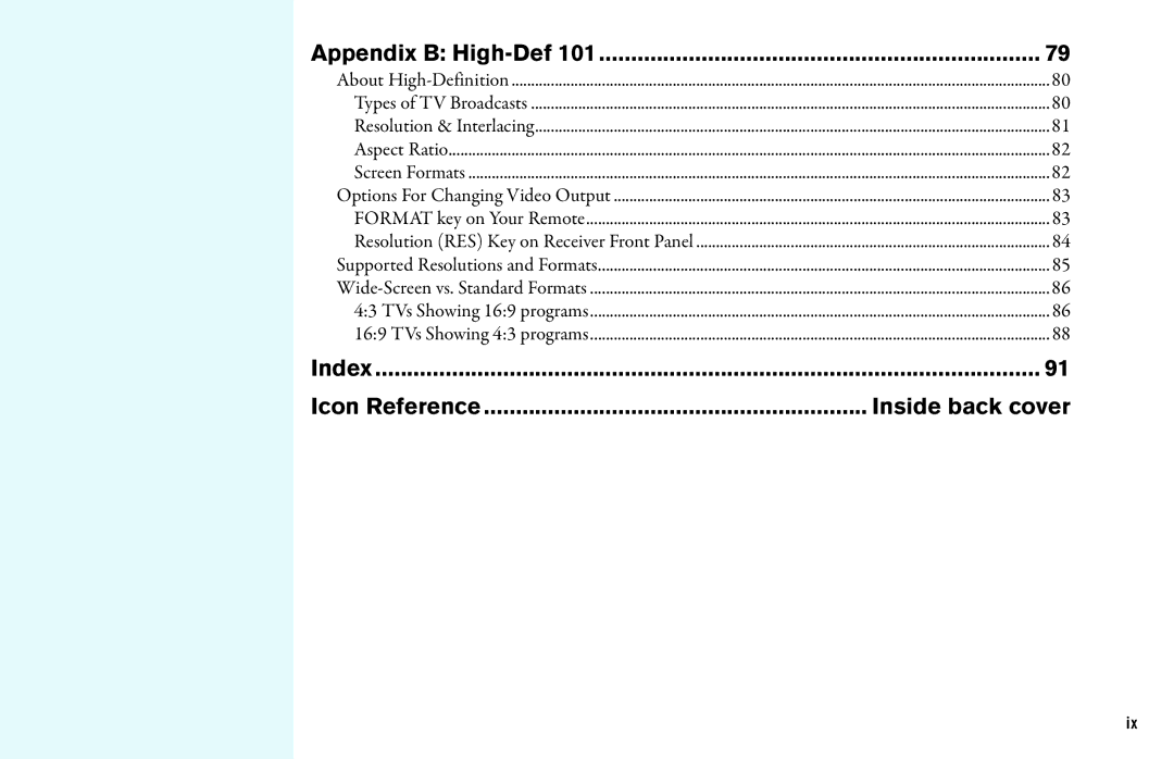 DirecTV HD DVR manual Icon Reference Inside back cover, Appendix B High-Def 