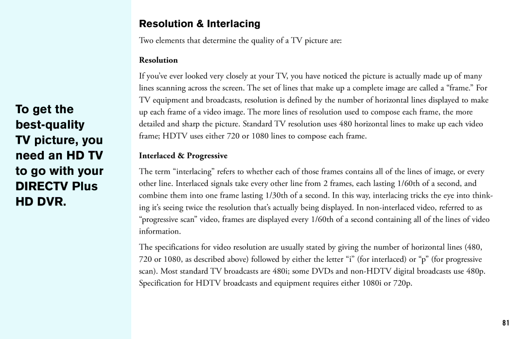 DirecTV HD DVR manual Resolution & Interlacing, Interlaced & Progressive 