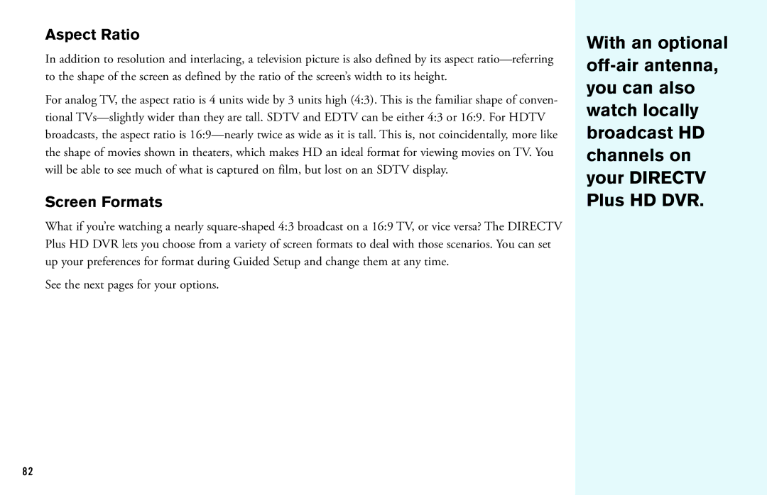 DirecTV HD DVR manual Aspect Ratio, Screen Formats 