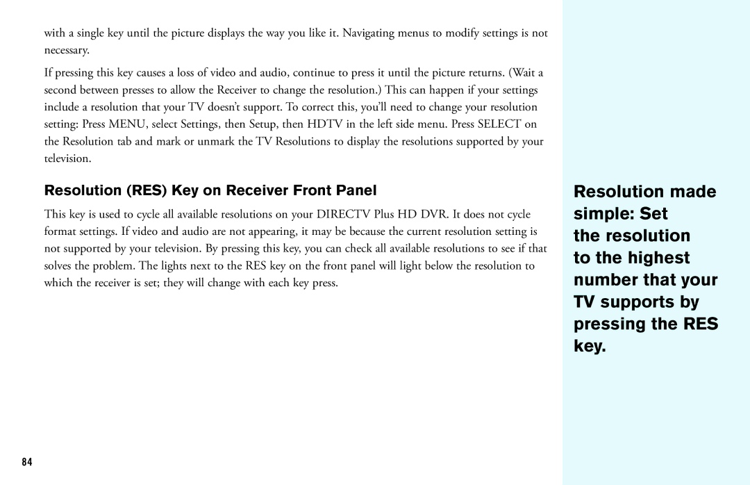 DirecTV HD DVR manual Resolution RES Key on Receiver Front Panel 