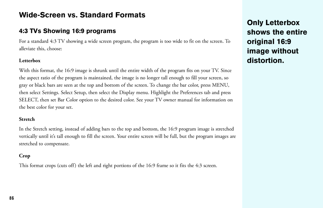 DirecTV HD DVR manual Wide-Screen vs. Standard Formats, TVs Showing 169 programs, Letterbox, Stretch, Crop 