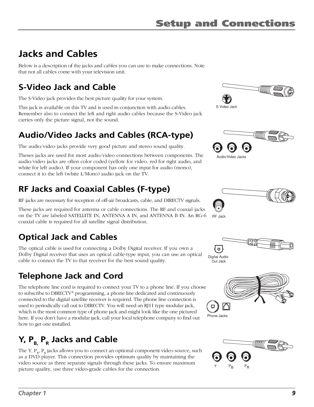 DirecTV HD65W20 manual Jacks and Cables 