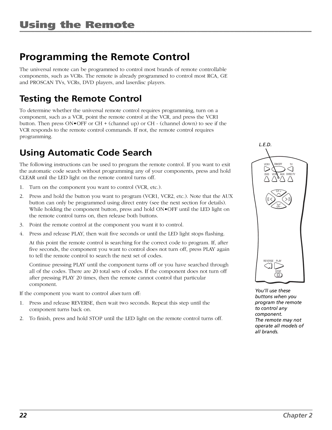 DirecTV HD65W20 manual Programming the Remote Control, Testing the Remote Control, Using Automatic Code Search 