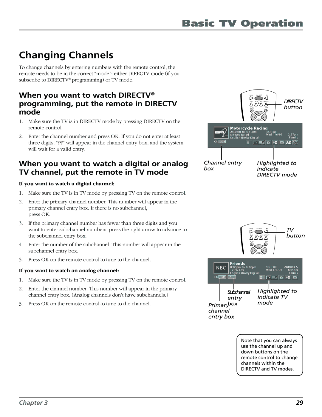 DirecTV HD65W20 manual Changing Channels, If you want to watch a digital channel, If you want to watch an analog channel 