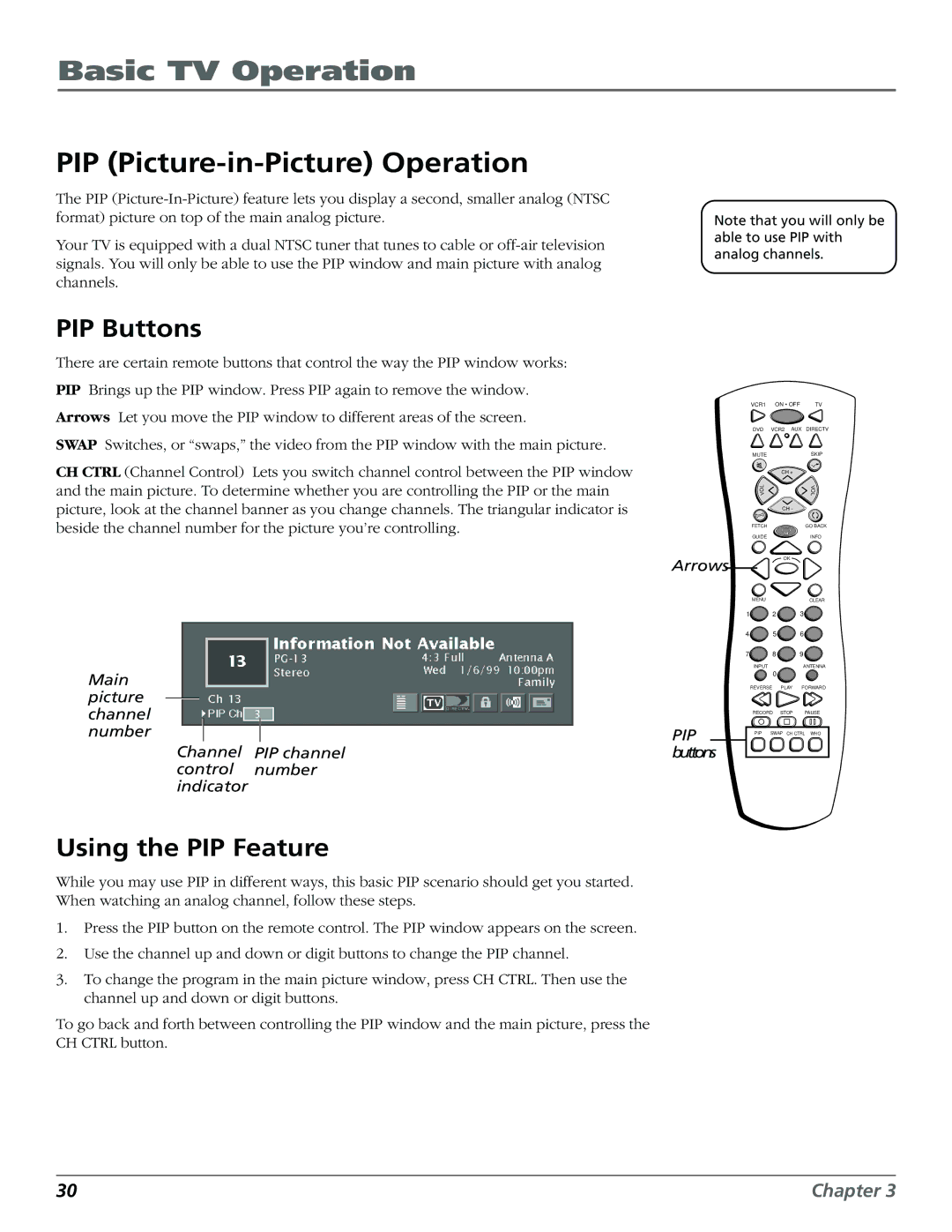 DirecTV HD65W20 manual PIP Picture-in-Picture Operation, PIP Buttons, Using the PIP Feature 