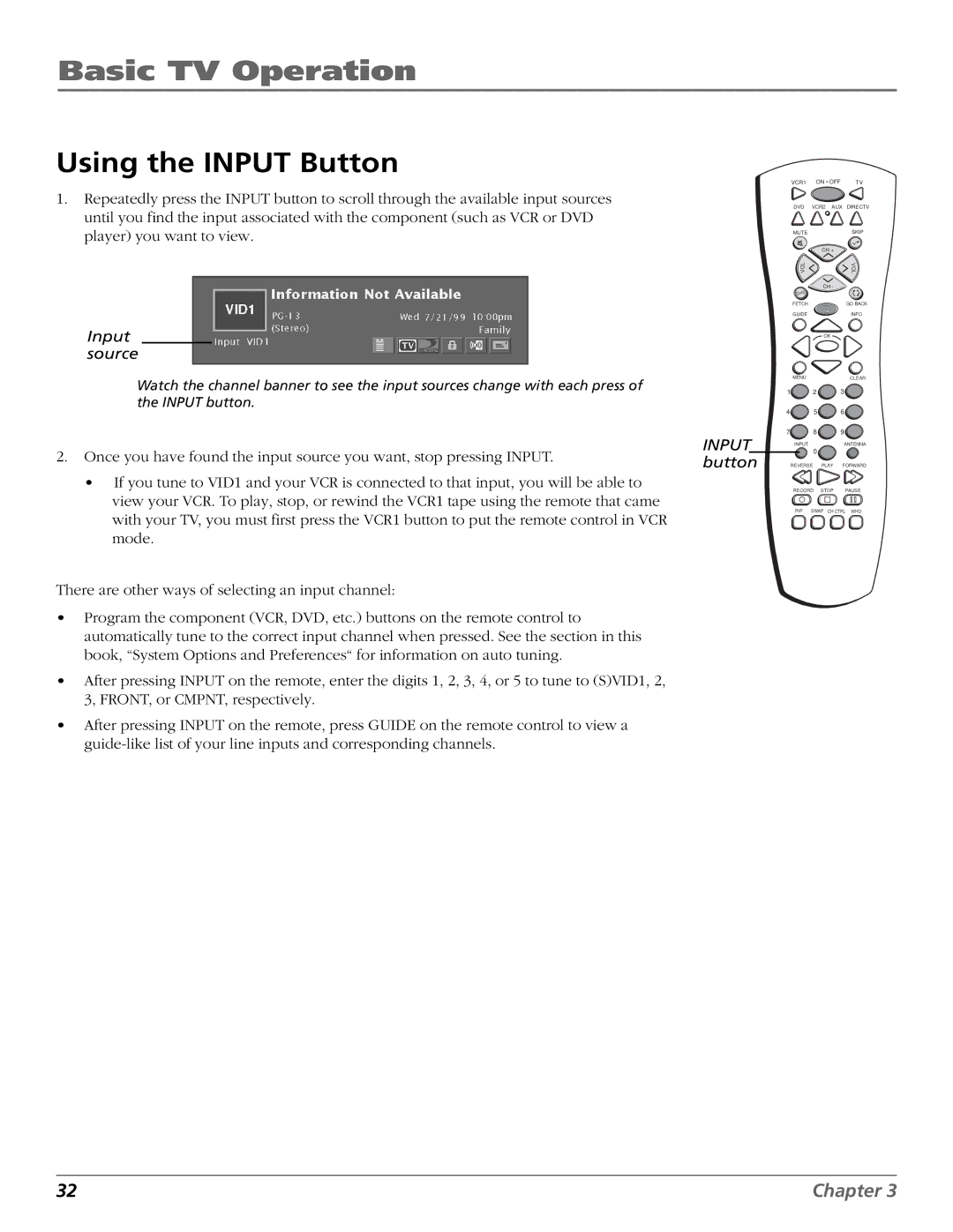 DirecTV HD65W20 manual Using the Input Button, Input source 