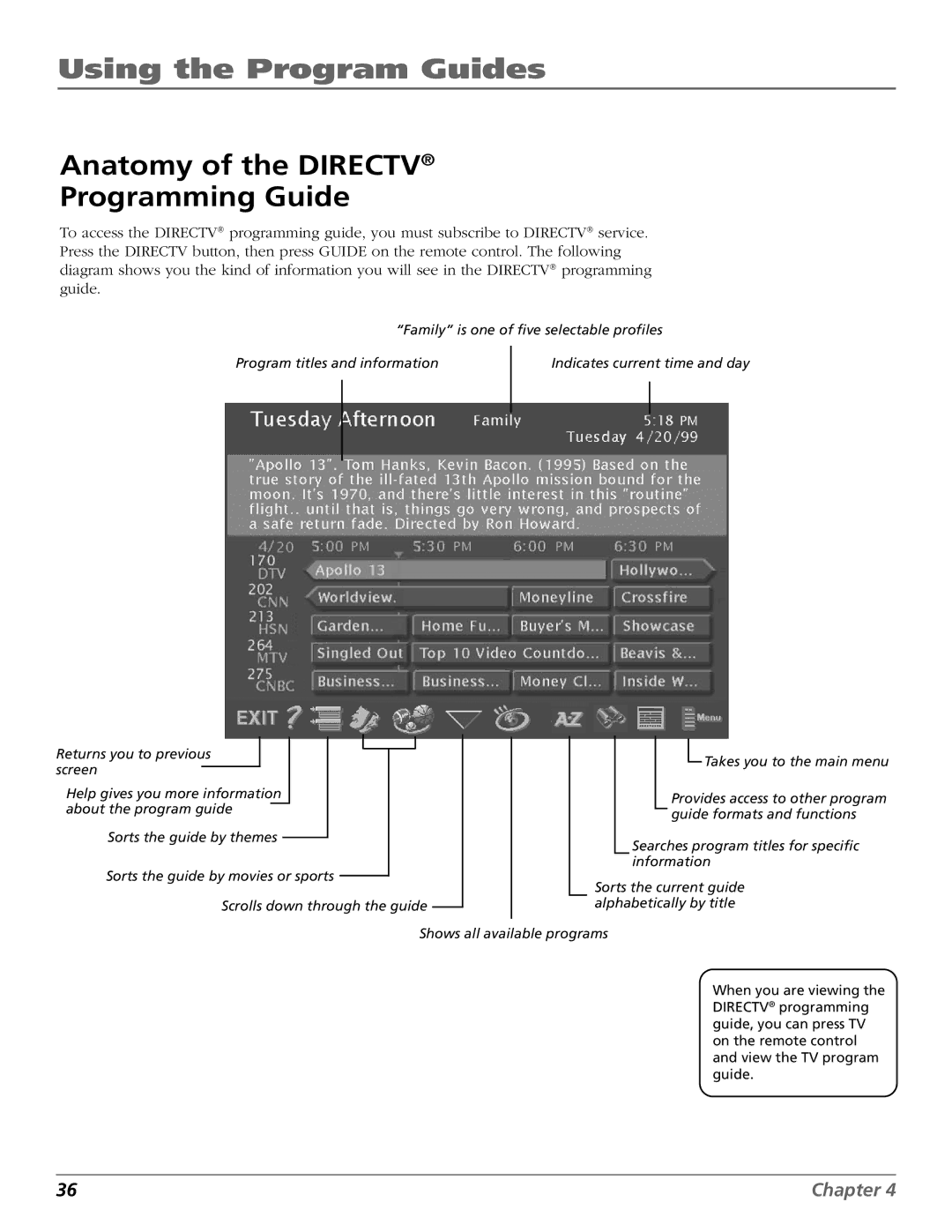 DirecTV HD65W20 manual Anatomy of the Directv Programming Guide 