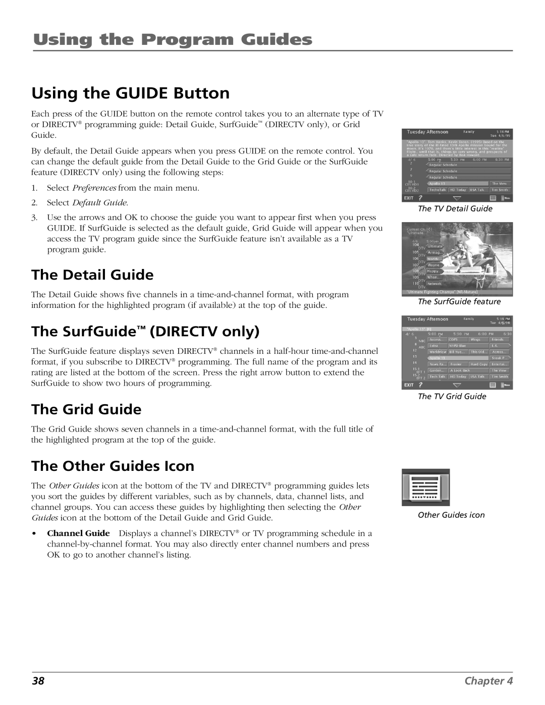 DirecTV HD65W20 manual Using the Guide Button, Detail Guide, SurfGuide Directv only, Grid Guide, Other Guides Icon 