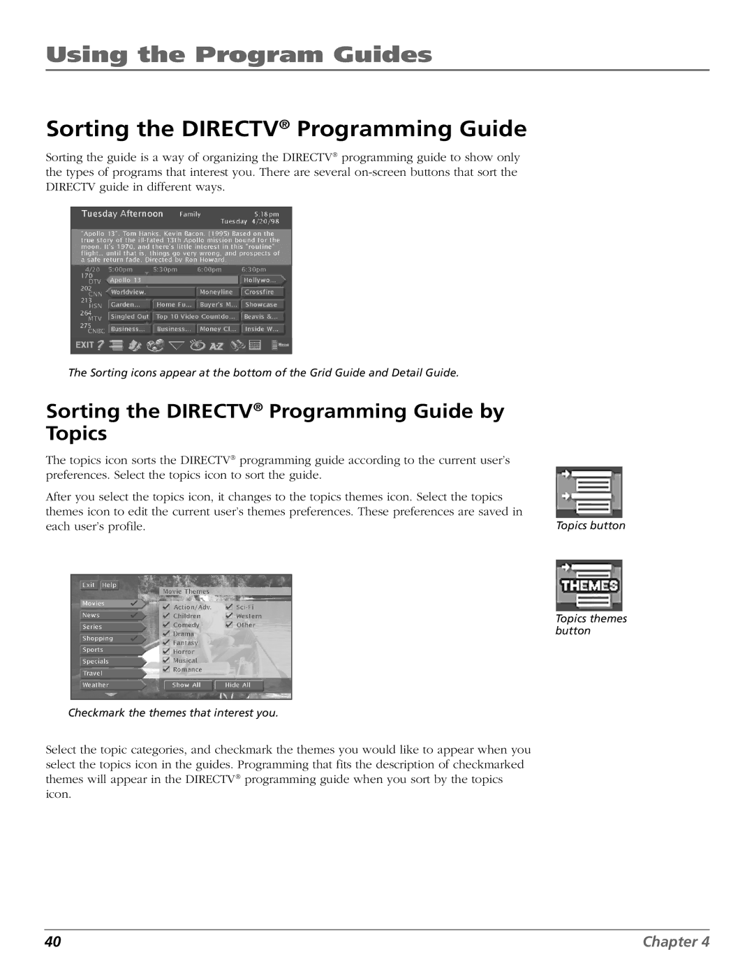 DirecTV HD65W20 manual Sorting the Directv Programming Guide by Topics 